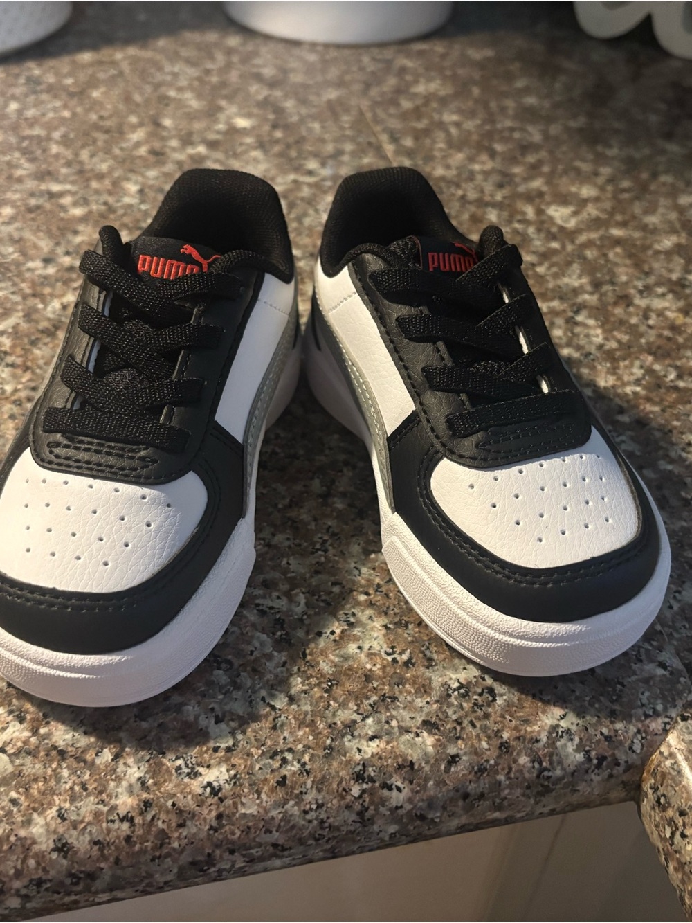 Puma Kids Black and White Low-Top Sneakers with Red Logo